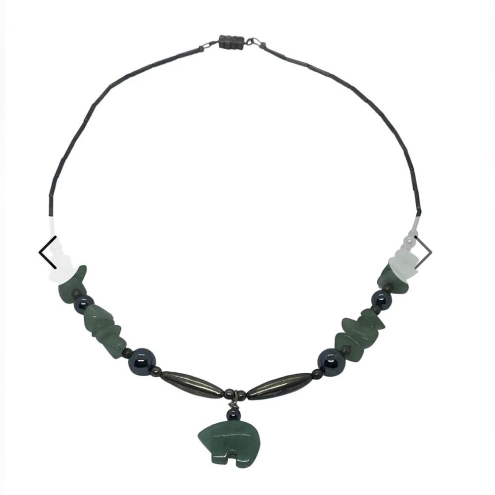 Jade Bear Pendant & Stones Mid 20th Century 17” Titanium Link and Bead Necklace